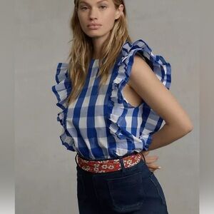 Anthropologie Whit Two Blue/White Checked Ruffle Top, XL Extra Large